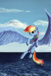 Size: 2000x3000 | Tagged: safe, artist:smg11-on-ddjrb, rainbow dash, pegasus, pony, g4, female, flying, high res, ocean, solo, spread wings, wings