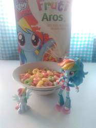 Size: 1511x2015 | Tagged: safe, rainbow dash, human, pegasus, pony, equestria girls, g4, cereal, doll, equestria girls minis, eqventures of the minis, food, human ponidox, irl, photo, self ponidox, toy