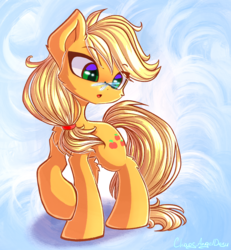 Size: 2748x2979 | Tagged: safe, artist:chaosangeldesu, applejack, dragonfly, earth pony, pony, g4, abstract background, cute, female, high res, jackabetes, mare, open mouth, raised hoof, solo