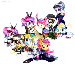 Size: 1804x1535 | Tagged: safe, artist:liaaqila, earth pony, pegasus, pony, unicorn, armor, armpits, barefoot, beanie, boots, bow, brite bomber, camouflage, cargo pants, clothes, colored sclera, commission, crossover, crying, dark bomber, domino mask, ear fluff, eyes closed, face paint, face tattoo, feather, feet, female, fetish, foot fetish, fortnite, glasses, gloves, glowing horn, hair bow, hat, headband, holding leg, hoodie, hoof tickling, horn, huntress (fortnite), lace (fortnite), laughing, levitation, lipstick, magic, makeup, maks, mare, on top, open mouth, pants, pigtails, ponified, raised hoof, rapscallion, shoes, signature, simple background, sitting, sitting on person, skirt, spiked wristband, sunglasses, tattoo, tears of laughter, telekinesis, tickle fetish, tickle fight, tickle torture, tickling, tongue out, traditional art, wall of tags, white background, wristband