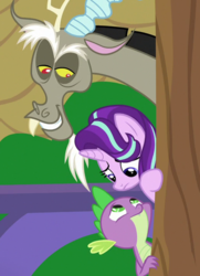 Size: 520x720 | Tagged: safe, screencap, discord, spike, starlight glimmer, draconequus, dragon, pony, unicorn, a matter of principals, g4, cropped, female, looking at each other, male, worried