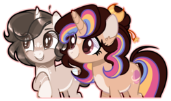 Size: 2393x1421 | Tagged: safe, artist:jxst-alexa, oc, oc only, oc:alexa, oc:melanie (moon-rose-rosie), pony, unicorn, brown eyes, coat markings, colored ears, duo, facial markings, female, hair bun, horn, lightly watermarked, mare, pale belly, ponysona, simple background, snip (coat marking), star (coat marking), transparent background, unicorn oc, watermark