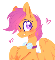 Size: 2335x2569 | Tagged: safe, artist:mint-light, scootaloo, pegasus, pony, g4, blushing, bust, cute, female, goggles, heart, high res, mare, one eye closed, simple background, smiling, solo, transparent background, wink