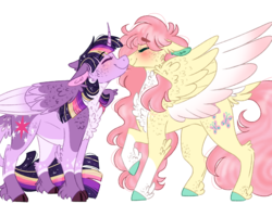 Size: 1024x768 | Tagged: safe, artist:wanderingpegasus, fluttershy, twilight sparkle, alicorn, pony, g4, blushing, chest fluff, colored hooves, colored wings, cute, eyes closed, female, floppy ears, lesbian, mare, raised hoof, ship:twishy, shipping, shyabetes, simple background, smiling, twiabetes, twilight sparkle (alicorn), unshorn fetlocks, white background