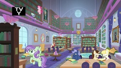 Size: 1920x1080 | Tagged: safe, screencap, bifröst, clover the clever, dawnlighter, gallus, loganberry, midnight snack (g4), night view, silverstream, summer breeze, summer meadow, tune-up, violet twirl, changeling, classical hippogriff, earth pony, griffon, hippogriff, pegasus, pony, unicorn, a matter of principals, g4, background pony, book, bookshelf, chandelier, couch, female, flying, friendship student, library, male, mare, school of friendship, stallion, table