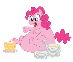 Size: 1200x1007 | Tagged: safe, artist:diablo2000, pinkie pie, earth pony, pony, g4, addiction, cake, cake addict, eating, fat, female, food, happy, immobile, mare, messy eating, morbidly obese, need to go on a diet, need to lose weight, obese, open mouth, overeating, overweight, piggy pie, plate, pudgy pie, that pony sure does love cakes, tongue out, too fat, too fat to move