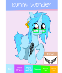 Size: 3291x3858 | Tagged: safe, artist:php142, oc, oc:bunny wonder, pony, glasses, hairpin, high res, reference sheet, tattoo, unicorn oc