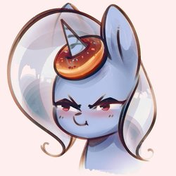 Size: 1200x1200 | Tagged: safe, artist:mirroredsea, trixie, pony, unicorn, g4, :i, blushing, cute, diatrixes, donut, female, food, horn, horn impalement, madorable, mare, ring toss, simple background, solo, squint, the uses of unicorn horns, transparent mane, trixie is not amused, unamused, white background