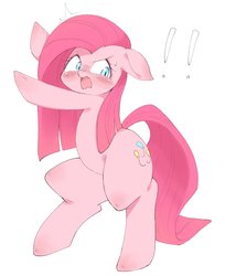 Size: 1548x1899 | Tagged: safe, artist:91o42, pinkie pie, earth pony, pony, g4, angry, bipedal, blushing, cute, cuteamena, exclamation point, female, floppy ears, mare, open mouth, pinkamena diane pie, simple background, solo, white background