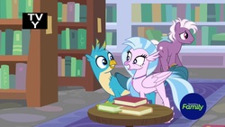Size: 1920x1080 | Tagged: safe, screencap, gallus, loganberry, silverstream, earth pony, griffon, hippogriff, pony, a matter of principals, g4, book, bookshelf, friendship student, male, shipping fuel, stallion
