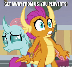 Size: 600x558 | Tagged: safe, edit, edited screencap, screencap, ocellus, smolder, changedling, changeling, dragon, a matter of principals, g4, bronybait, caption, dragoness, duo, duo female, female, image macro, imminent rape, imminent sex, implied pervert, text, this will end in snu snu