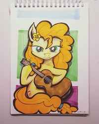 Size: 1080x1351 | Tagged: safe, artist:cosmotic1214, pear butter, earth pony, pony, g4, female, flower, flower in hair, guitar, marker drawing, mother, mother's day, solo, traditional art