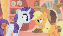 Size: 1280x720 | Tagged: safe, screencap, applejack, rarity, pony, g4, look before you sleep, fireplace, golden oaks library