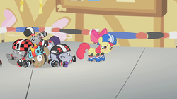 Size: 1280x720 | Tagged: safe, screencap, apple bloom, bolt (g4), finish line (g4), hairpin turn, earth pony, pony, call of the cutie, g4, circling stars, crash, dizzy, pony pile, roller skates