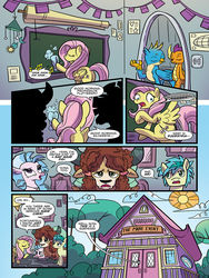 Size: 768x1024 | Tagged: safe, artist:kate sherron, idw, fluttershy, gallus, sandbar, silverstream, smolder, yona, classical hippogriff, earth pony, hippogriff, pegasus, pony, yak, g4, spoiler:comic, spoiler:comic74, :<, annoyed, bad hair day, butt, chalkboard, d:, derp, eyes closed, female, frown, glare, humming, lidded eyes, looking back, looking up, mare, messy mane, music notes, open mouth, plot, preview, prone, puffy mane, raised eyebrow, raised leg, sad, screaming, smiling, surprised, unamused, underhoof, wide eyes