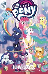 Size: 1000x1517 | Tagged: safe, artist:tonyfleecs, idw, applejack, fluttershy, pinkie pie, princess celestia, princess luna, rainbow dash, rarity, twilight sparkle, alicorn, butterfly, pony, g4, spoiler:comic, spoiler:comicidw2020, cover, derail in the comments, ethereal mane, female, filly, filly applejack, filly fluttershy, filly pinkie pie, filly rainbow dash, filly rarity, filly twilight sparkle, foal, mane six, mare, maternaluna, momlestia, nursery, rainbow trail, royal sisters, speed trail, starry mane, twilight sparkle (alicorn), wrong eye color, younger