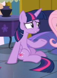 Size: 442x603 | Tagged: safe, screencap, fluttershy, twilight sparkle, alicorn, pegasus, pony, a health of information, g4, cropped, female, looking at each other, mare, offscreen character, on floor, raised hoof, sitting, solo focus, twilight sparkle (alicorn), underhoof, unsure