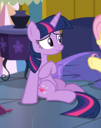 Size: 481x611 | Tagged: safe, screencap, fluttershy, twilight sparkle, alicorn, pegasus, pony, a health of information, g4, cropped, female, looking at each other, mare, offscreen character, on floor, raised hoof, sitting, solo focus, twilight sparkle (alicorn)