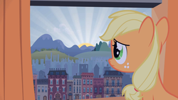 Size: 1280x720 | Tagged: safe, screencap, applejack, pony, g4, the cutie mark chronicles, female, filly, filly applejack, manehattan, solo, younger