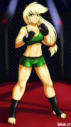 Size: 2500x4500 | Tagged: safe, artist:danmakuman, part of a set, applejack, human, equestria girls, g4, anime, barefoot, boxing ring, breasts, clothes, commission, feet, female, fingerless gloves, gloves, humanized, martial arts, mma, solo, sports bra, sports shorts, ufc