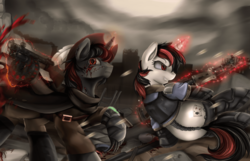 Size: 3509x2254 | Tagged: safe, artist:pridark, oc, oc only, oc:blackjack, pony, unicorn, fallout equestria, fallout equestria: project horizons, 2014, blood, clothes, cloud, cloudy, commission, cowboy hat, cutie mark, fanfic, fanfic art, female, glowing horn, grin, gun, hat, high res, hooves, horn, jumpsuit, level 2 (project horizons), levitation, magic, mare, pipbuck, prosthetics, smiling, telekinesis, vault suit, wasteland, weapon