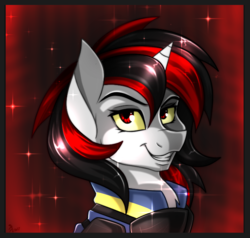 Size: 700x666 | Tagged: dead source, safe, artist:derpsonhooves, part of a set, oc, oc only, oc:blackjack, pony, unicorn, fallout equestria, fallout equestria: project horizons, 2017, abstract background, bust, clothes, colored sclera, fanfic art, jumpsuit, portrait, security guard, smiling, solo, vault suit, yellow sclera