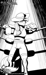 Size: 800x1295 | Tagged: safe, artist:omny87, applejack, earth pony, anthro, unguligrade anthro, series:ink's warming eve, g4, black and white, boxing, boxing gloves, boxing ring, breasts, bruised, clothes, compression shorts, corner, drinking, female, grayscale, hat, monochrome, resting, solo, sports, sports bra