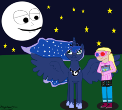 Size: 3156x2856 | Tagged: safe, artist:megasean45, princess luna, human, parasprite, g4, bear in the big blue house, book, crossover, harry potter (series), high res, luna (bear in the big blue house), luna lovegood, moon, night, smiling, stars