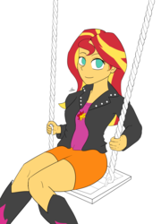 Size: 2300x3200 | Tagged: safe, artist:zachc, sunset shimmer, human, equestria girls, g4, clothes, female, high res, looking at you, simple background, solo, swing, wip