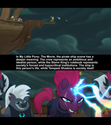Size: 960x1079 | Tagged: safe, edit, edited screencap, screencap, captain celaeno, grubber, rainbow dash, tempest shadow, parrot pirates, pony, unicorn, g4, my little pony: the movie, airship, broken horn, celaeno's airship, conspiracy theory, deep, eye scar, female, horn, magic, male, mare, op is a silly pony, op is on drugs, philosophy, pirate, pirate ship, scar, sparking horn, tempest shadow's bodyguard