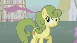 Size: 1280x720 | Tagged: safe, screencap, carrot top, golden harvest, earth pony, pony, boast busters, g4, background pony, carrot top is not amused, female, green hair, green mane, mare, palette swap, raised hoof, recolor, solo focus, unamused