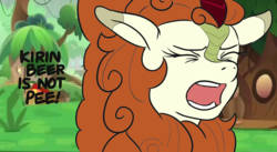 Size: 808x443 | Tagged: safe, artist:jargon scott, edit, editor:dreamy orange, autumn blaze, kirin, g4, sounds of silence, dungeon meshi, eyes closed, female, floppy ears, implied watersports, kirin beer, kirin beer is pee, lies, mare, monochrome, open mouth, reference, solo, text, yelling