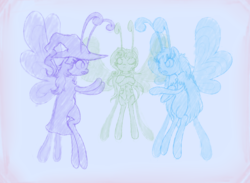 Size: 3000x2200 | Tagged: safe, artist:shukketsustar, oc, oc only, oc:fairweather, oc:pattern, oc:petilia, breezie, pony, antennae, argument, breezie oc, cape, clothes, colored sketch, crossed arms, cute, female, frown, hat, high res, open mouth, trio