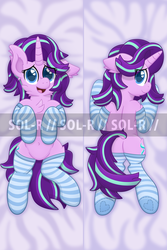 Size: 2000x3000 | Tagged: safe, alternate version, artist:sol-r, starlight glimmer, pony, unicorn, g4, belly button, body pillow, butt, chest fluff, clothes, dock, featureless crotch, female, floppy ears, heart eyes, high res, looking at you, looking back, mare, obtrusive watermark, open mouth, plot, smiling, socks, solo, striped socks, watermark, wingding eyes