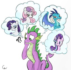 Size: 665x653 | Tagged: safe, artist:cogweaver, princess ember, rarity, spike, starlight glimmer, sweetie belle, dragon, pony, unicorn, g4, :t, bedroom eyes, colored, confused, cropped, cute, cutie mark, dragoness, emberbetes, exploitable meme, eyes closed, female, floppy ears, frown, funny, funny as hell, gritted teeth, male, meme, older, older spike, open mouth, question mark, scrunchy face, ship:emberspike, ship:sparity, ship:sparlight, ship:spikebelle, shipping, signature, simple background, smiling, spikabetes, spike gets all the mares, straight, the cmc's cutie marks, thinking, thought bubble, tsundember, tsundere, white background, with great power comes great shipping, worried