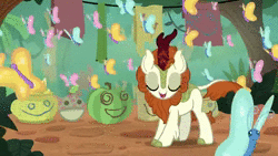 Size: 1280x720 | Tagged: safe, artist:tridashie, edit, edited screencap, editor:dreamy orange, screencap, autumn blaze, butterfly, kirin, friendship is musical, g4, sounds of silence, animated, awwtumn blaze, cute, ding dong song, female, friendship is randomly musical, kirinbetes, music, song, song reference, sound, webm, youtube link