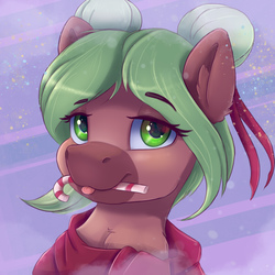 Size: 1800x1800 | Tagged: safe, artist:ardail, oc, oc only, oc:cocoa mint, earth pony, pony, bust, female, mare, mouth hold, solo, tongue out