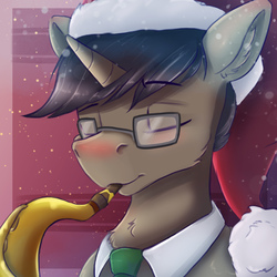 Size: 1800x1800 | Tagged: safe, artist:ardail, oc, oc only, pony, unicorn, bust, christmas, eyes closed, glasses, hat, holiday, male, musical instrument, santa hat, saxophone, solo, stallion