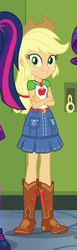 Size: 250x815 | Tagged: safe, screencap, applejack, rarity, sci-twi, twilight sparkle, equestria girls, equestria girls specials, g4, my little pony equestria girls: better together, my little pony equestria girls: forgotten friendship, applejack's hat, belt, boots, clothes, cowboy boots, cowboy hat, cropped, crossed arms, denim skirt, female, freckles, geode of super strength, hat, legs, lockers, magical geodes, offscreen character, skirt, smiling, stetson