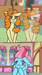 Size: 294x521 | Tagged: safe, artist:solarist97, cup cake, pear butter, pumpkin cake, earth pony, pony, g4, bittersweet, crying, feels, female, implied reincarnation, memories, mind blown, mother, older, older pumpkin cake, tears of joy, teenager, wavy mouth