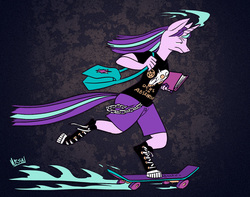 Size: 1000x789 | Tagged: safe, artist:ursa, starlight glimmer, unicorn, anthro, unguligrade anthro, g4, chains, clothes, converse, emo, female, hoof shoes, shirt, shoes, shorts, skateboard, solo, teenage glimmer, teenager