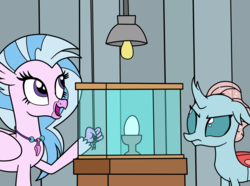 Size: 1789x1333 | Tagged: safe, artist:eagc7, ocellus, silverstream, changedling, changeling, classical hippogriff, hippogriff, g4, duo, egg, female, lightbulb, new student starfish, nickelodeon, ocellus is not amused, parody, spongebob squarepants, table