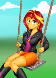 Size: 2300x3200 | Tagged: safe, artist:zachc, sunset shimmer, human, equestria girls, g4, clothes, cloud, female, high res, looking at you, simple background, solo, swing