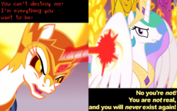 Size: 1440x906 | Tagged: safe, edit, edited screencap, screencap, daybreaker, princess celestia, a royal problem, g4, angry, canterlot castle, caption, cropped, dream, fight, fire, folded wings, glare, gritted teeth, laser, magic, stained glass, sun, text, throne room, wings