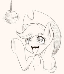 Size: 1169x1353 | Tagged: safe, artist:phoenixperegrine, applejack, earth pony, pony, g4, apple, bait, eyes on the prize, female, food, hat, heart eyes, human shoulders, mare, monochrome, simple background, tongue out, wingding eyes