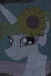 Size: 1628x2440 | Tagged: safe, artist:aracage, princess celestia, alicorn, pony, g4, bust, female, flower, flower in hair, looking at you, mare, notebook, smiling, solo, sunflower, traditional art