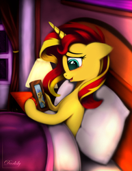 Size: 3250x4200 | Tagged: safe, artist:darksly, flash sentry, sunset shimmer, pony, unicorn, g4, bed, blanket, bust, crying, curtains, female, floppy ears, implied pregnancy, lamp, male, mare, open mouth, picture, picture frame, pillow, portrait, ship:flashimmer, shipping, signature, solo, straight, teary eyes, window