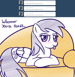 Size: 1280x1318 | Tagged: safe, artist:datahmedz, sunshower raindrops, pegasus, pony, raindropsanswers, g4, ask, blushing, draw me like one of your french girls, female, mare, prone, solo, tongue out, tumblr