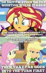 Size: 480x760 | Tagged: safe, edit, edited screencap, screencap, applejack, fluttershy, sunset shimmer, fanfic:equestria motorsports, equestria girls, equestria girls specials, g4, my little pony equestria girls: mirror magic, food, journal, read description, studying, studying for an automobile racing test, swearing, writing
