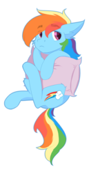 Size: 1307x2527 | Tagged: safe, artist:urpone, rainbow dash, pegasus, pony, g4, ear fluff, female, floppy ears, mare, pillow, simple background, snuggling, solo, transparent background